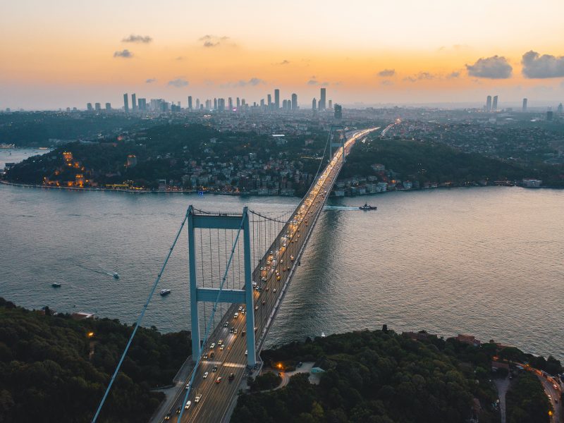 Istanbul Bosphorus Bridge at Sunset with Car traffic lights and City Skyline, Aerial View HQ
